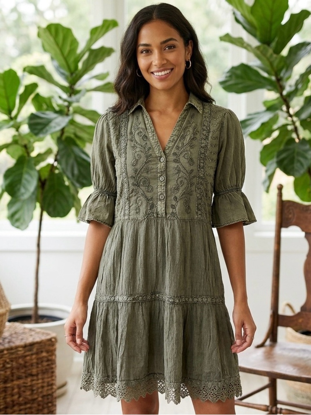 Young Threads Olive Green Boho Embroidered Crinkle Tiered Mini Dress Size Medium